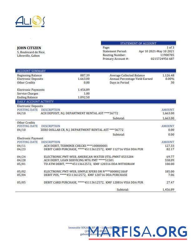 Downloadable Gabon Alios Finance bank statement word template